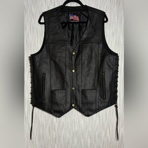Men's Black Leather Vest with Brass Accents